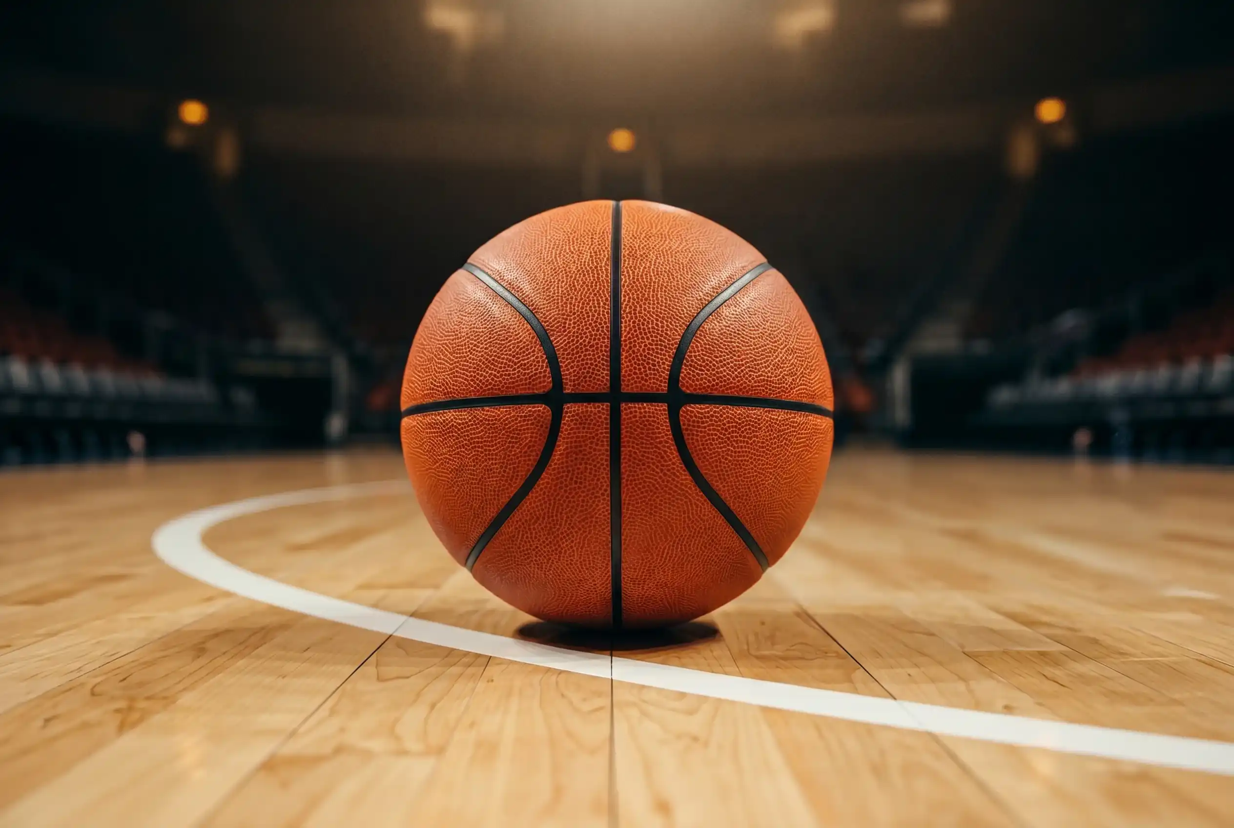 Editorial close-up of an NBA basketball resting on a polished hardwood court under arena lighting