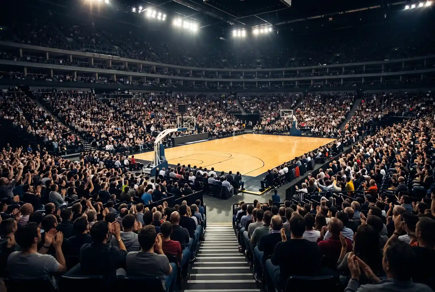 Wide arena view of a packed crowd at the O2 in London with NBA-branded courtside signage