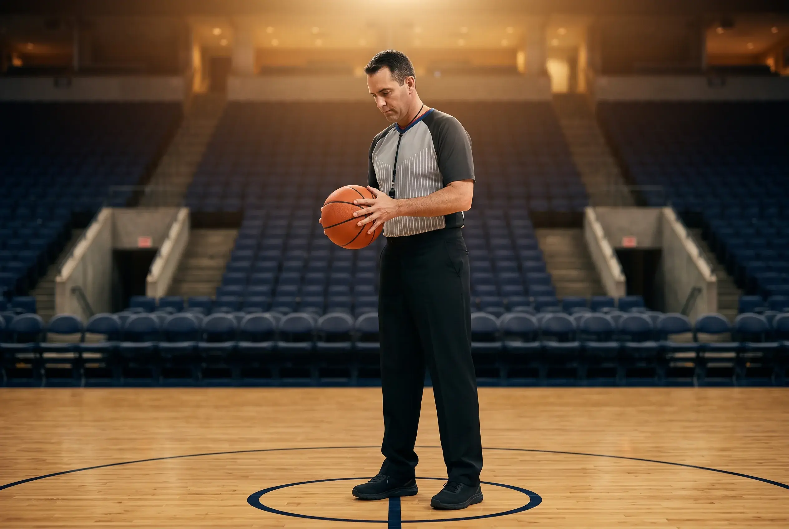Empty NBA-style basketball court at the moment of tip-off with a referee holding the ball